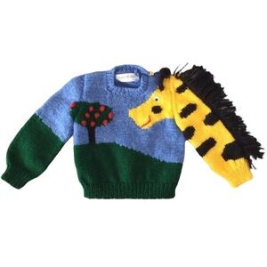 Hand Knit Sweater Giraffe Apples Handmade 6-12 Months